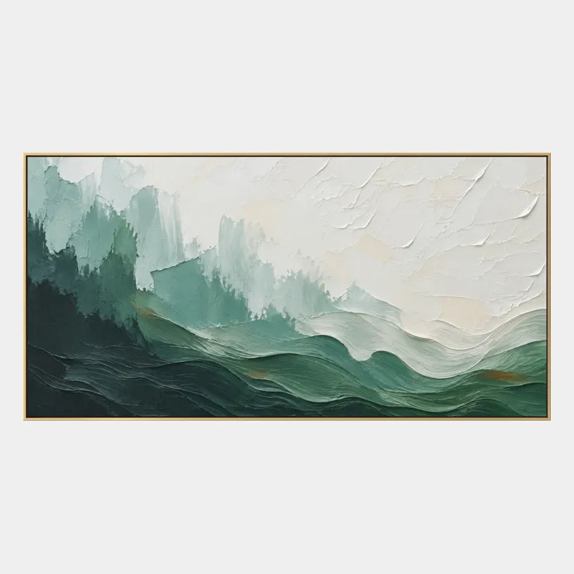 Abstract Expressionist landscapes & seascapes & cityscapes oil painting showing a painterly landscape with distant hills, trees or reflective water in a green palette.