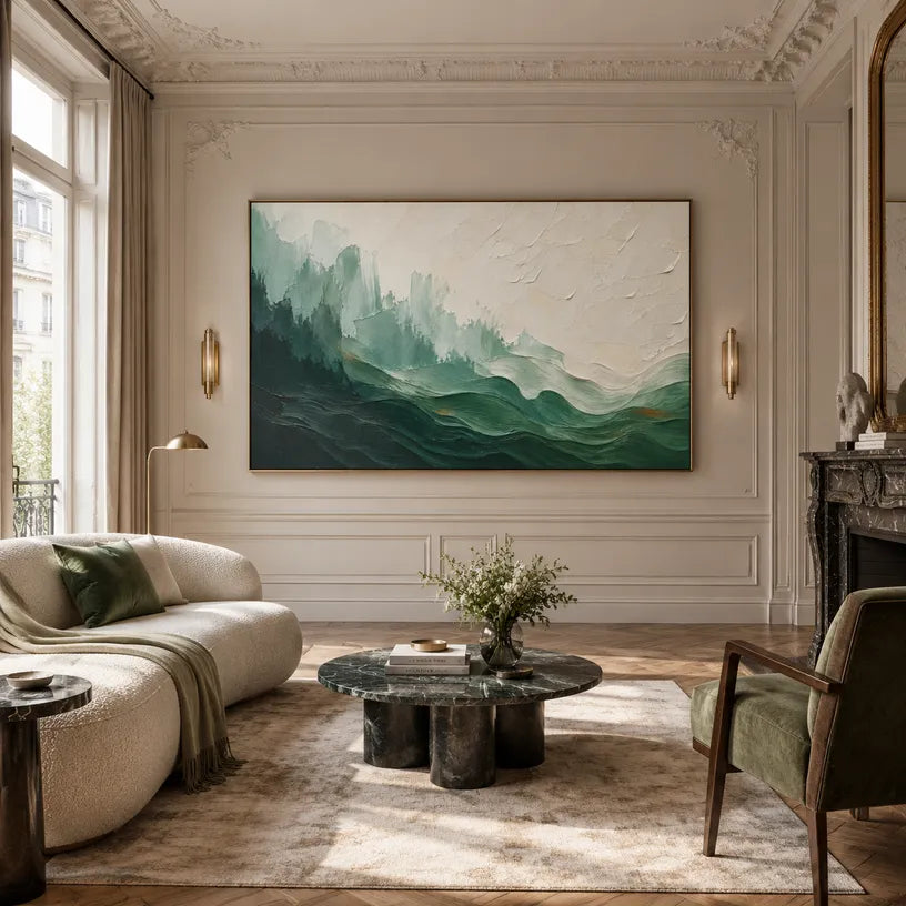 Abstract Expressionist landscapes & seascapes & cityscapes oil painting showing a painterly landscape with distant hills, trees or reflective water in a green palette.