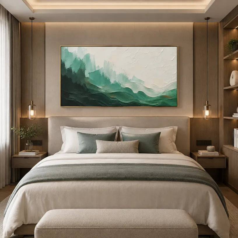 Abstract Expressionist landscapes & seascapes & cityscapes oil painting showing a painterly landscape with distant hills, trees or reflective water in a green palette.
