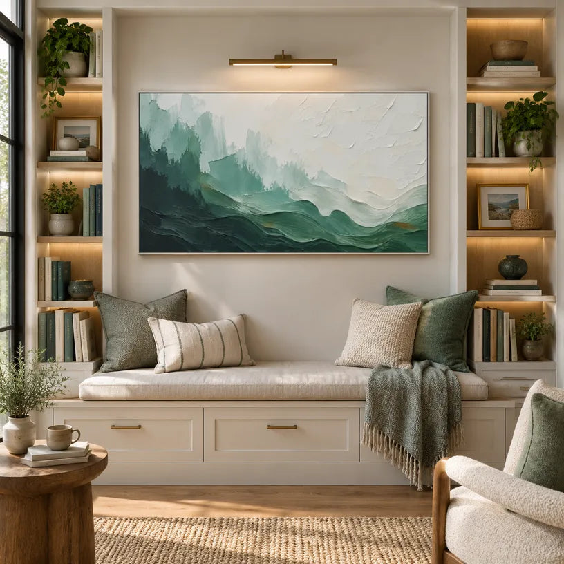 Abstract Expressionist landscapes & seascapes & cityscapes oil painting showing a painterly landscape with distant hills, trees or reflective water in a green palette.