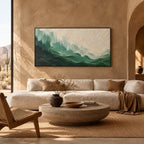 Abstract Expressionist landscapes & seascapes & cityscapes oil painting showing a painterly landscape with distant hills, trees or reflective water in a green palette.