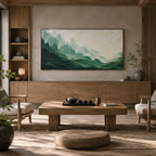Abstract Expressionist landscapes & seascapes & cityscapes oil painting showing a painterly landscape with distant hills, trees or reflective water in a green palette.