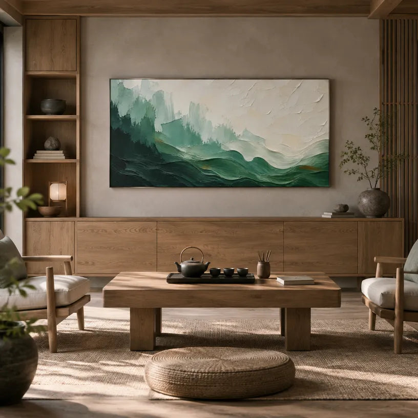 Abstract Expressionist landscapes & seascapes & cityscapes oil painting showing a painterly landscape with distant hills, trees or reflective water in a green palette.