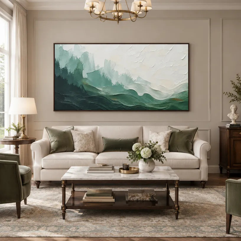 Abstract Expressionist landscapes & seascapes & cityscapes oil painting showing a painterly landscape with distant hills, trees or reflective water in a green palette.