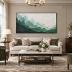 Abstract Expressionist landscapes & seascapes & cityscapes oil painting showing a painterly landscape with distant hills, trees or reflective water in a green palette.