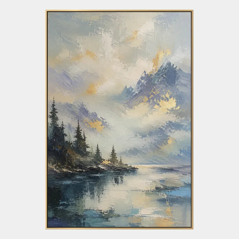 Abstract Expressionist landscapes & seascapes & cityscapes oil painting showing a dramatic blue mountain lake beneath glowing clouds in a blue palette, contemporary wall art.