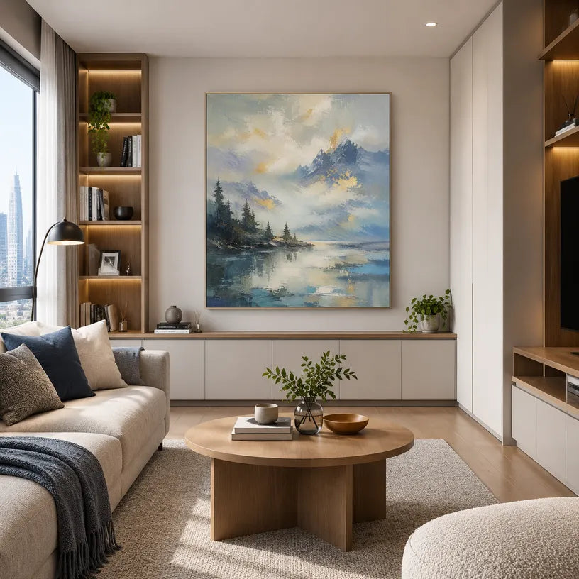 Abstract Expressionist landscapes & seascapes & cityscapes oil painting showing a dramatic blue mountain lake beneath glowing clouds in a blue palette, contemporary wall art.