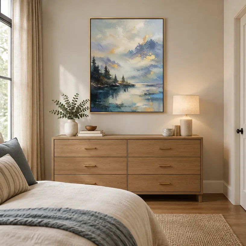 Abstract Expressionist landscapes & seascapes & cityscapes oil painting showing a dramatic blue mountain lake beneath glowing clouds in a blue palette, contemporary wall art.
