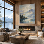 Abstract Expressionist landscapes & seascapes & cityscapes oil painting showing a dramatic blue mountain lake beneath glowing clouds in a blue palette, contemporary wall art.
