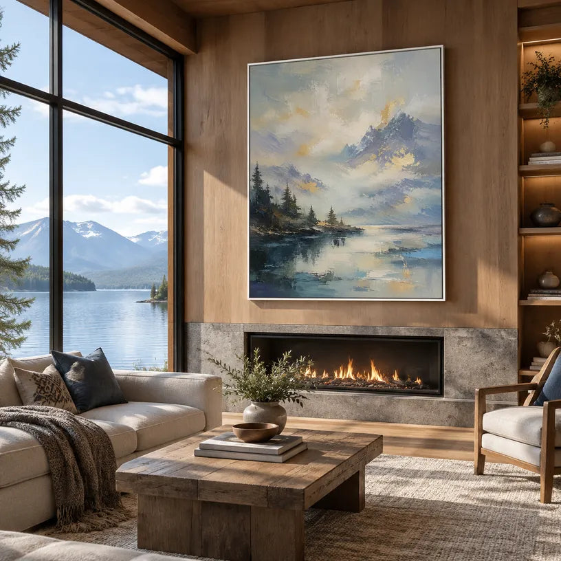 Abstract Expressionist landscapes & seascapes & cityscapes oil painting showing a dramatic blue mountain lake beneath glowing clouds in a blue palette, contemporary wall art.