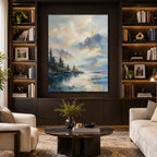 Abstract Expressionist landscapes & seascapes & cityscapes oil painting showing a dramatic blue mountain lake beneath glowing clouds in a blue palette, contemporary wall art.
