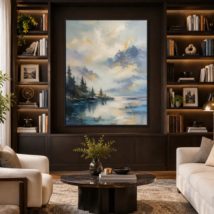Abstract Expressionist landscapes & seascapes & cityscapes oil painting showing a dramatic blue mountain lake beneath glowing clouds in a blue palette, contemporary wall art.