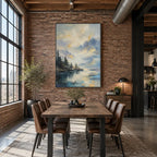 Abstract Expressionist landscapes & seascapes & cityscapes oil painting showing a dramatic blue mountain lake beneath glowing clouds in a blue palette, contemporary wall art.