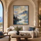 Abstract Expressionist landscapes & seascapes & cityscapes oil painting showing a dramatic blue mountain lake beneath glowing clouds in a blue palette, contemporary wall art.
