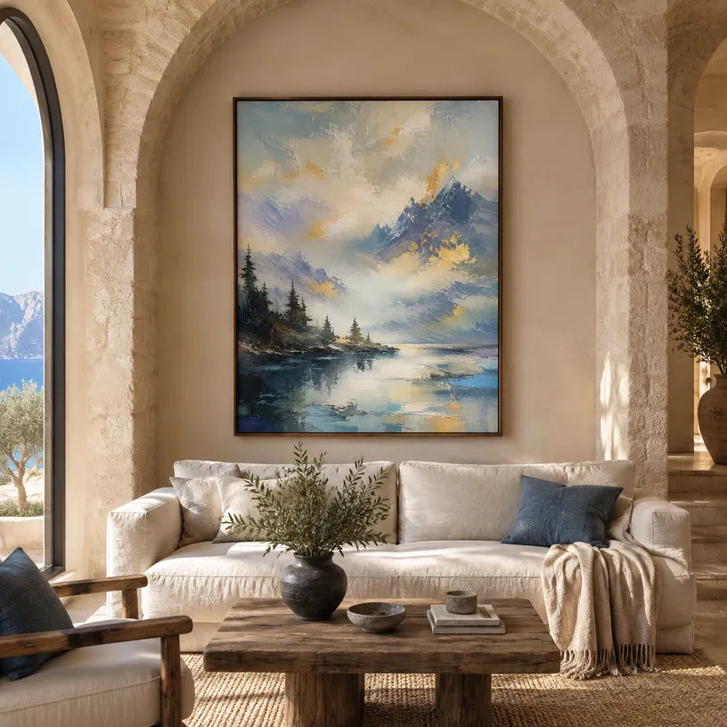 Abstract Expressionist landscapes & seascapes & cityscapes oil painting showing a dramatic blue mountain lake beneath glowing clouds in a blue palette, contemporary wall art.
