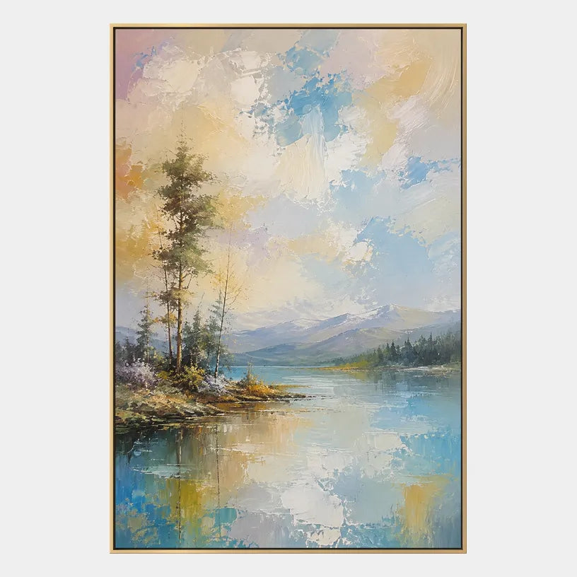 Abstract Expressionist landscapes & seascapes & cityscapes oil painting showing a blue and grey abstract landscape with distant trees in a blue palette, contemporary wall art.