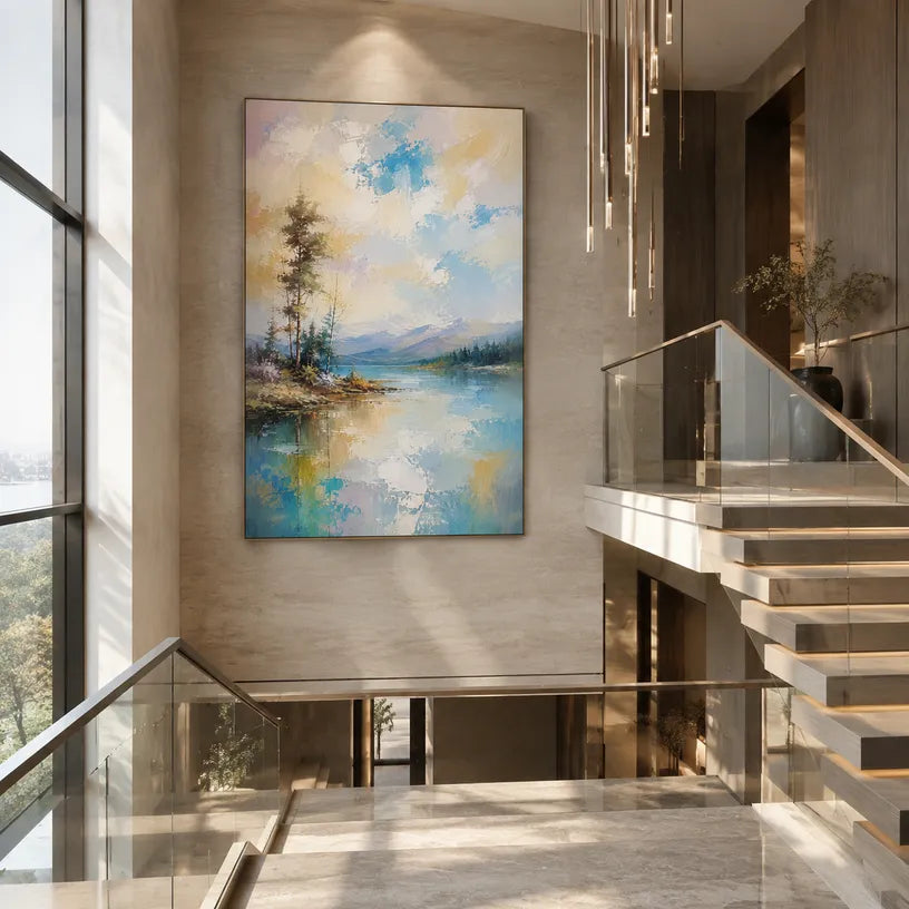 Abstract Expressionist landscapes & seascapes & cityscapes oil painting showing a blue and grey abstract landscape with distant trees in a blue palette, contemporary wall art.