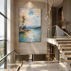 Abstract Expressionist landscapes & seascapes & cityscapes oil painting showing a blue and grey abstract landscape with distant trees in a blue palette, contemporary wall art.