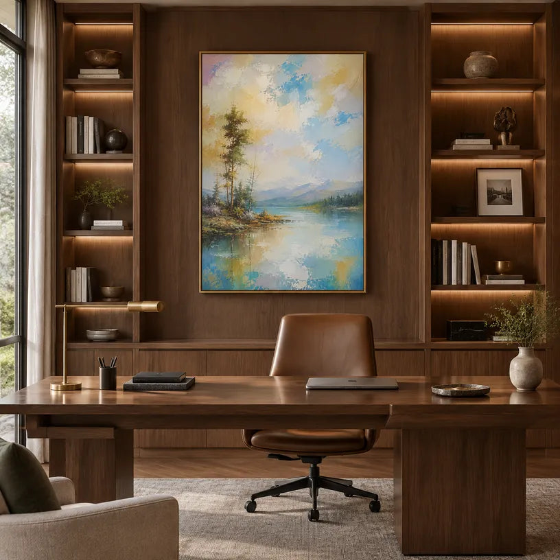 Abstract Expressionist landscapes & seascapes & cityscapes oil painting showing a blue and grey abstract landscape with distant trees in a blue palette, contemporary wall art.