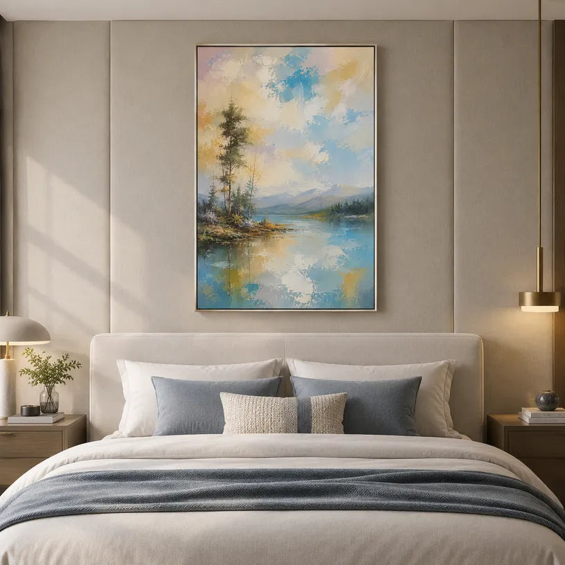 Abstract Expressionist landscapes & seascapes & cityscapes oil painting showing a blue and grey abstract landscape with distant trees in a blue palette, contemporary wall art.