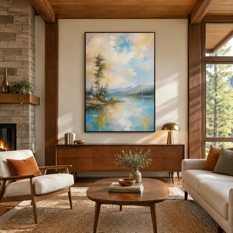 Abstract Expressionist landscapes & seascapes & cityscapes oil painting showing a blue and grey abstract landscape with distant trees in a blue palette, contemporary wall art.