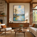 Abstract Expressionist landscapes & seascapes & cityscapes oil painting showing a blue and grey abstract landscape with distant trees in a blue palette, contemporary wall art.