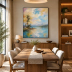 Abstract Expressionist landscapes & seascapes & cityscapes oil painting showing a blue and grey abstract landscape with distant trees in a blue palette, contemporary wall art.