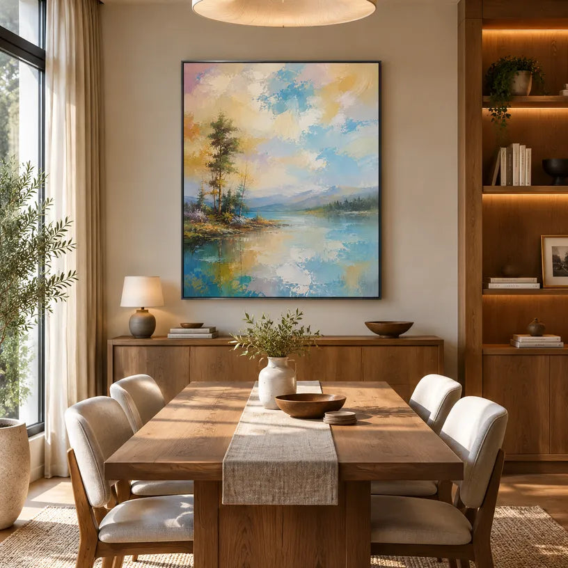 Abstract Expressionist landscapes & seascapes & cityscapes oil painting showing a blue and grey abstract landscape with distant trees in a blue palette, contemporary wall art.