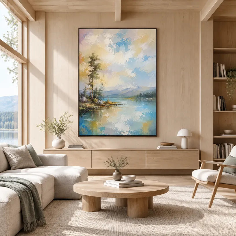 Abstract Expressionist landscapes & seascapes & cityscapes oil painting showing a blue and grey abstract landscape with distant trees in a blue palette, contemporary wall art.
