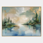 Abstract Expressionist landscapes & seascapes & cityscapes oil painting showing a green and blue lake landscape with tree-lined banks in a green palette, contemporary wall art.