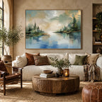 Abstract Expressionist landscapes & seascapes & cityscapes oil painting showing a green and blue lake landscape with tree-lined banks in a green palette, contemporary wall art.
