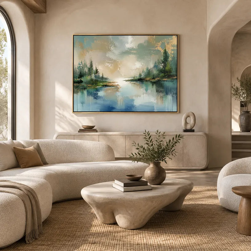 Abstract Expressionist landscapes & seascapes & cityscapes oil painting showing a green and blue lake landscape with tree-lined banks in a green palette, contemporary wall art.