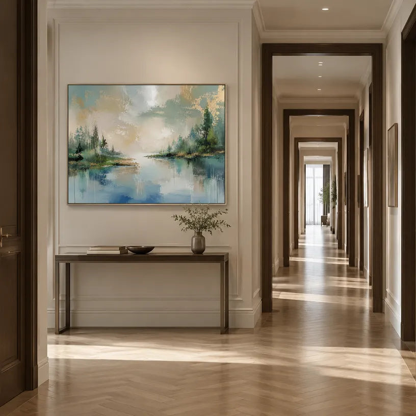 Abstract Expressionist landscapes & seascapes & cityscapes oil painting showing a green and blue lake landscape with tree-lined banks in a green palette, contemporary wall art.