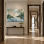 Abstract Expressionist landscapes & seascapes & cityscapes oil painting showing a green and blue lake landscape with tree-lined banks in a green palette, contemporary wall art.
