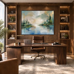 Abstract Expressionist landscapes & seascapes & cityscapes oil painting showing a green and blue lake landscape with tree-lined banks in a green palette, contemporary wall art.