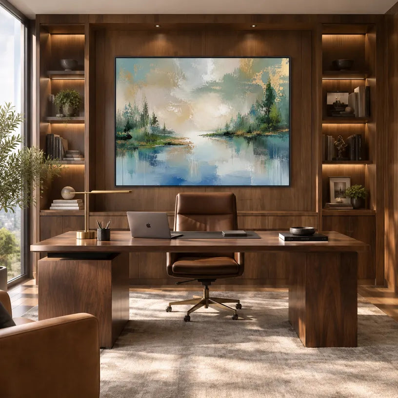 Abstract Expressionist landscapes & seascapes & cityscapes oil painting showing a green and blue lake landscape with tree-lined banks in a green palette, contemporary wall art.