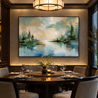 Abstract Expressionist landscapes & seascapes & cityscapes oil painting showing a green and blue lake landscape with tree-lined banks in a green palette, contemporary wall art.