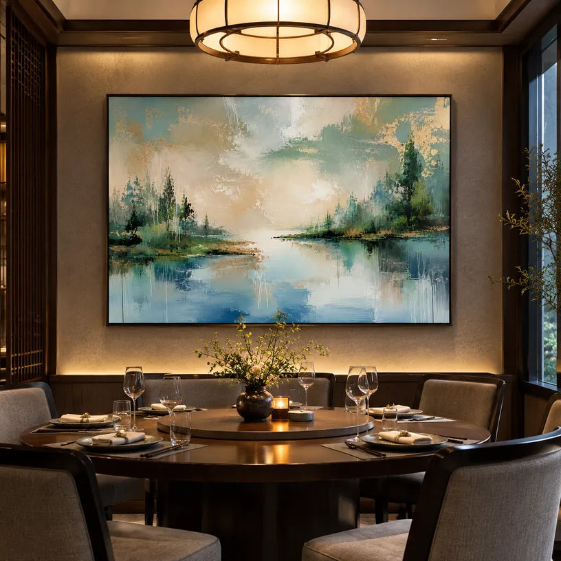Abstract Expressionist landscapes & seascapes & cityscapes oil painting showing a green and blue lake landscape with tree-lined banks in a green palette, contemporary wall art.