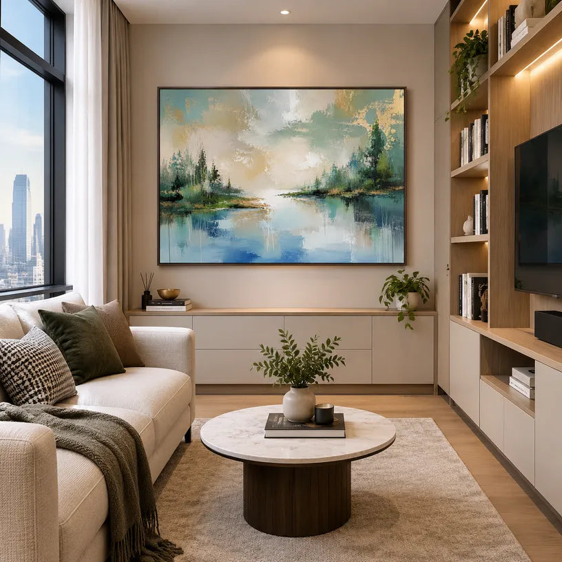Abstract Expressionist landscapes & seascapes & cityscapes oil painting showing a green and blue lake landscape with tree-lined banks in a green palette, contemporary wall art.