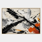 Abstract Expressionist abstract oil painting showing black, white and orange gestural strokes in a black palette, contemporary wall art.
