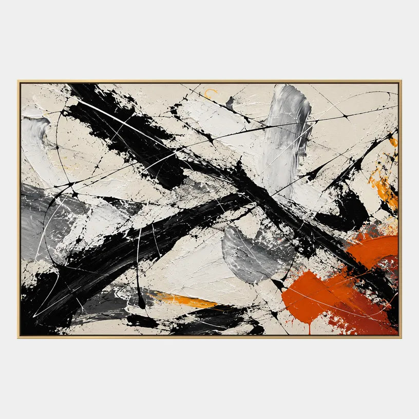 Abstract Expressionist abstract oil painting showing black, white and orange gestural strokes in a black palette, contemporary wall art.