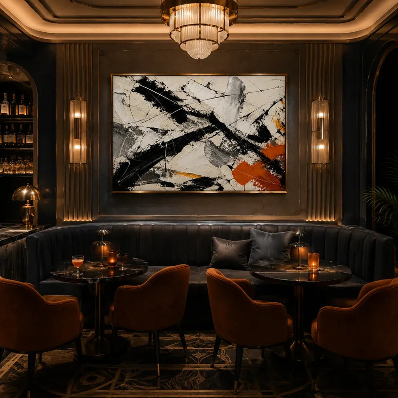 Abstract Expressionist abstract oil painting showing black, white and orange gestural strokes in a black palette, contemporary wall art.