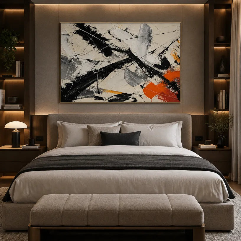 Abstract Expressionist abstract oil painting showing black, white and orange gestural strokes in a black palette, contemporary wall art.