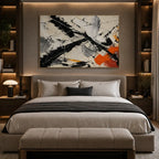 Abstract Expressionist abstract oil painting showing black, white and orange gestural strokes in a black palette, contemporary wall art.