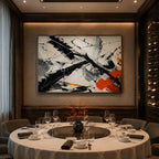 Abstract Expressionist abstract oil painting showing black, white and orange gestural strokes in a black palette, contemporary wall art.