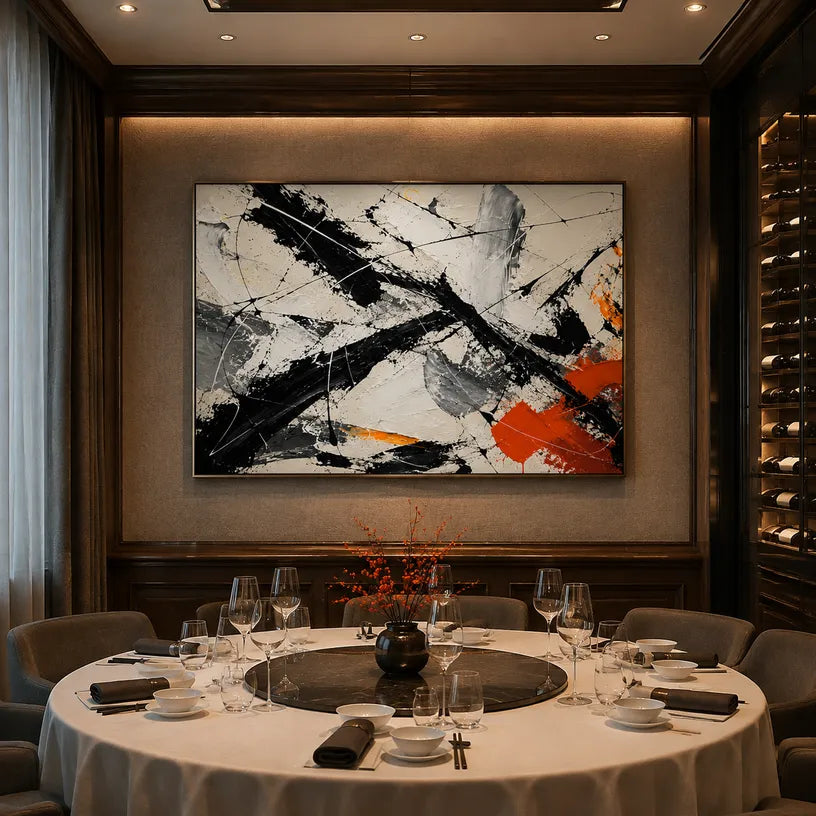 Abstract Expressionist abstract oil painting showing black, white and orange gestural strokes in a black palette, contemporary wall art.