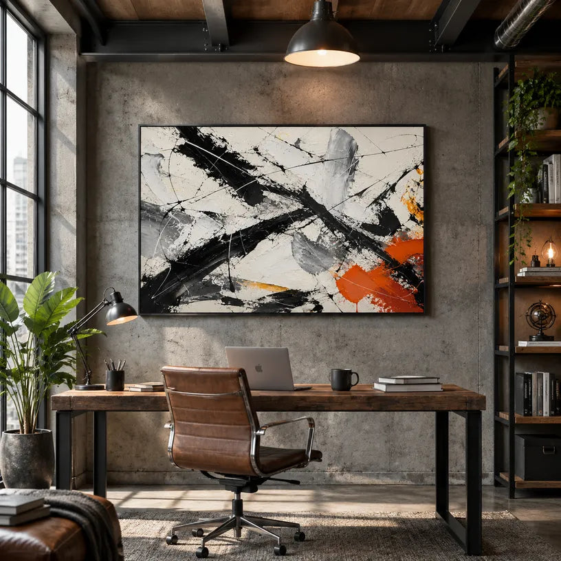 Abstract Expressionist abstract oil painting showing black, white and orange gestural strokes in a black palette, contemporary wall art.