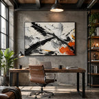 Abstract Expressionist abstract oil painting showing black, white and orange gestural strokes in a black palette, contemporary wall art.