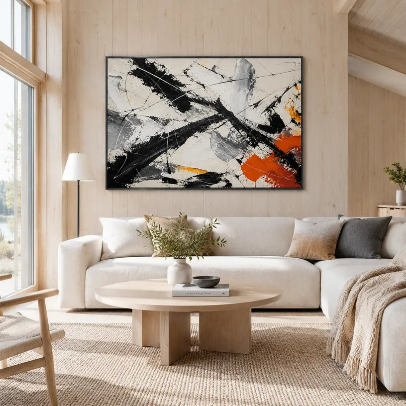 Abstract Expressionist abstract oil painting showing black, white and orange gestural strokes in a black palette, contemporary wall art.