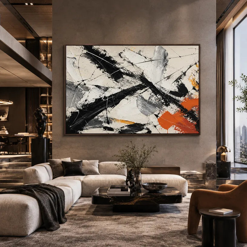 Abstract Expressionist abstract oil painting showing black, white and orange gestural strokes in a black palette, contemporary wall art.